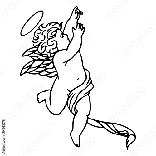 playful baby angel with wings and swirling drapery line art