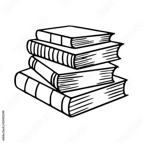a black and white drawing of a stack of books	
