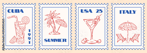 Vintage Summer Stamp Set. Holiday Beach Retro Print with Doodle or Hand Drawn Drawing. Summer Wall Art Vector Grunge Travel Postcard Stamp with Mojito, Cocktail, Palm, Umbrella, Beach Chairs, Martini.