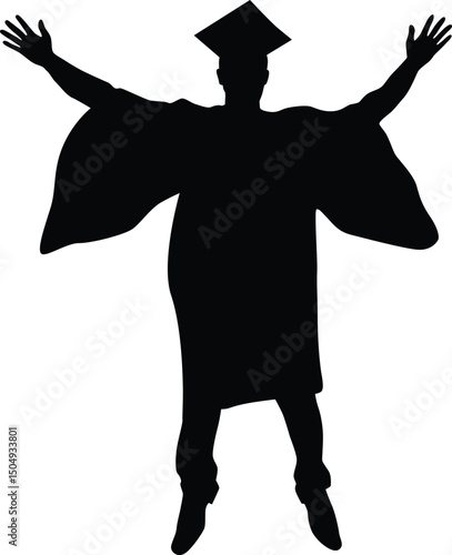 Diploma graduation silhouette illustration. Pose of happy person graduate. Student jumping graduate full body.