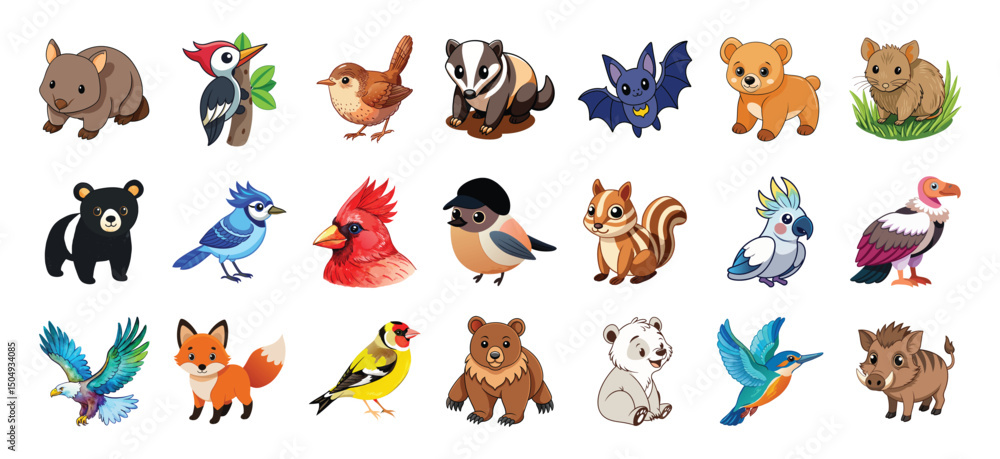 Obraz premium Collection of Cute Cartoon Animals and Birds