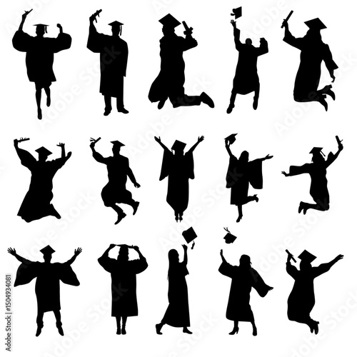 Set of diploma graduation silhouette illustration. Pose of happy person graduate. Student jumping graduate full body.
