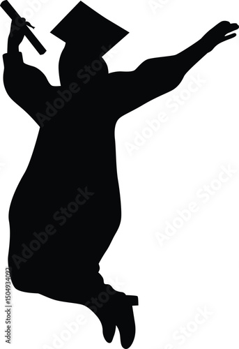 Diploma graduation silhouette illustration. Pose of happy person graduate. Student jumping graduate full body.