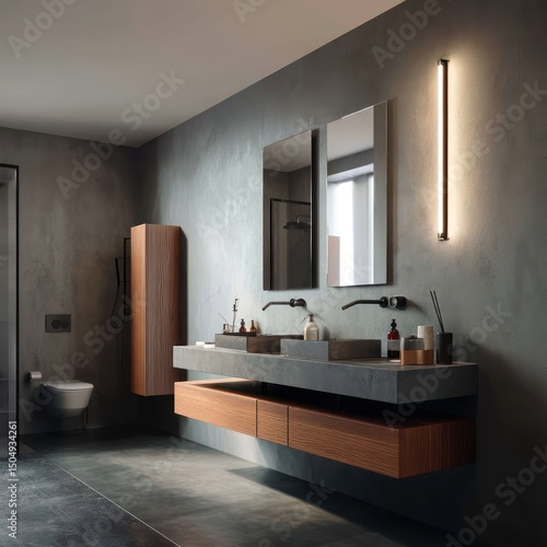 Contemporary bathroom with minimalist lighting, floating vanity, and modern fixtures for simplicity.