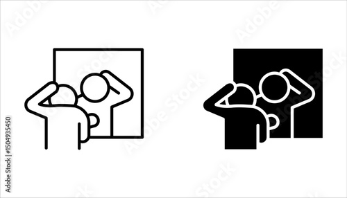 mirror icon set, Person reflection in a mirror line icon on white background