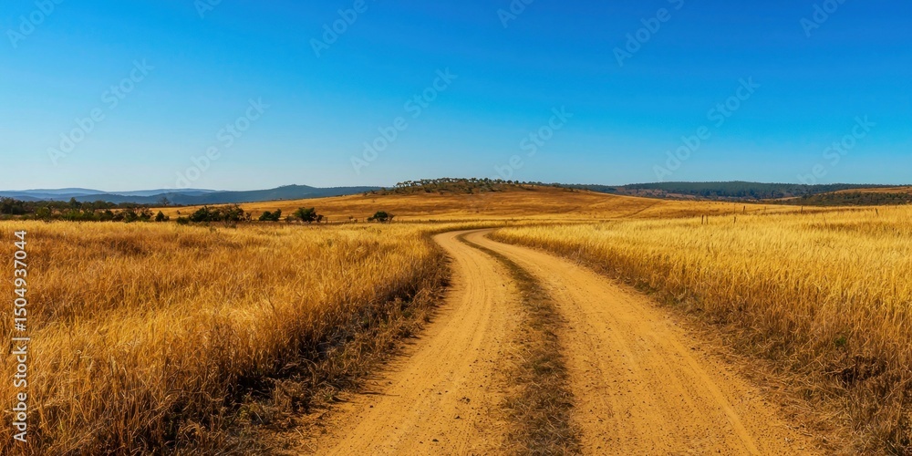 Fototapeta premium A long, winding dirt road cutting through golden fields, leading towards the horizon