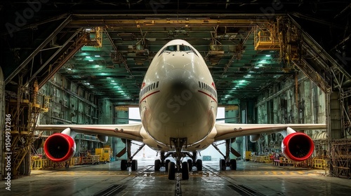 Aircraft maintenance event hangar location aviation content industrial environment front view engineering concept