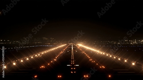 Aircraft landing at night airport runway photographic image urban environment wide angle view aviation concept