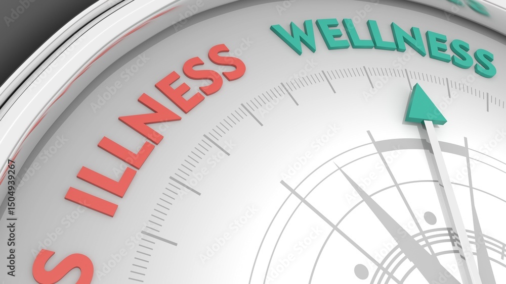 The needle of compass points to the word wellness ignoring the words illness. Health care concept. 3D render The needle of compass points to the word wellness ignoring the words illness. Health care concept. 3D render