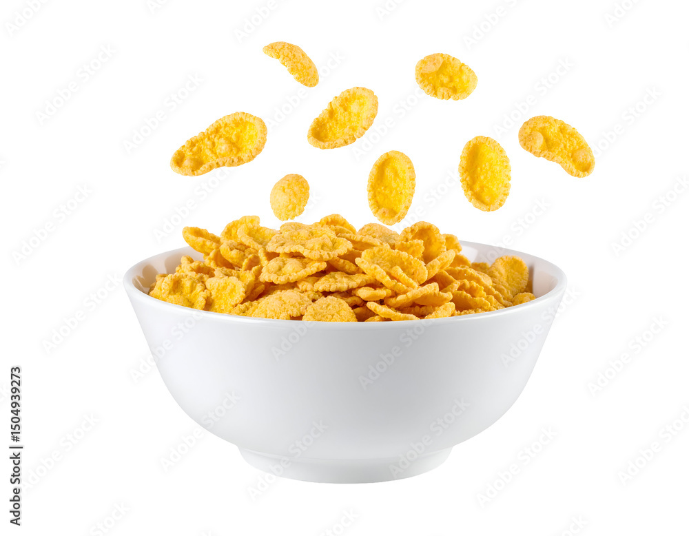 Cornflakes Falling into a White Ceramic Bowl on a Transparent Background a Detailed Studio Shot of Golden Crunchy Breakfast Cereal Cornflakes Falling into a White Ceramic Bowl on a Transparent Background a Detailed Studio Shot of Golden Crunchy Breakfast Cereal