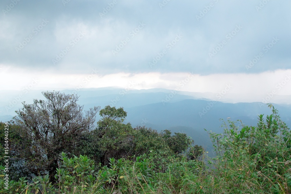 Lush Green Mountain Vista Under Cloudy Sky, Scenic Landscape Photography. Langbiang, Dalat, Vietnam. Lush Green Mountain Vista Under Cloudy Sky, Scenic Landscape Photography. Langbiang, Dalat, Vietnam.