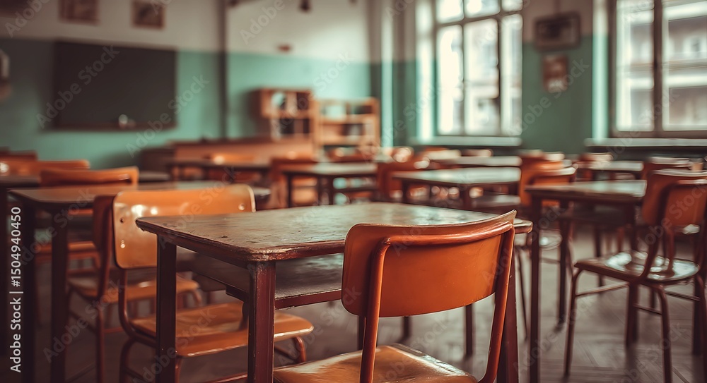 Bright empty school classroom with wooden desks, orange leather chairs, green walls, and natural soft window light in detailed focus. Bright empty school classroom with wooden desks, orange leather chairs, green walls, and natural soft window light in detailed focus.