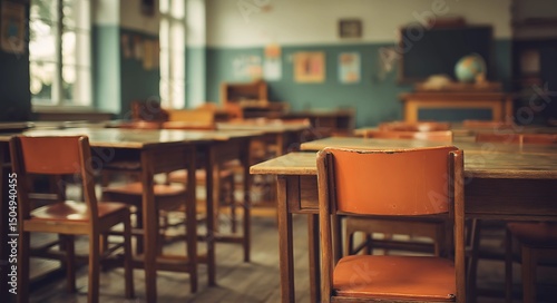 Digitized photo of empty school classroom with green walls  wooden desks  orange leather chairs  natural window lighting in soft focus.