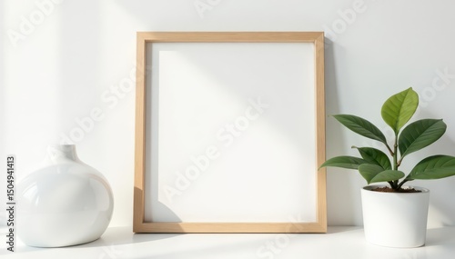 Simple light oak wood picture frame, pure white backdrop, clean background, photo frame, light oak