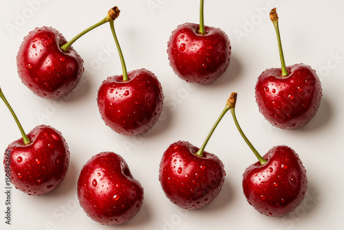 Fresh red cherries scattered on a white background, covered in refreshing water droplets — a clean and vibrant close-up food concept highlighting natural beauty, hydration, and seasonal freshness 