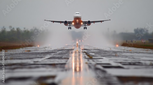 Landing airplane on wet runway airport photography rainy environment close-up view aviation concept