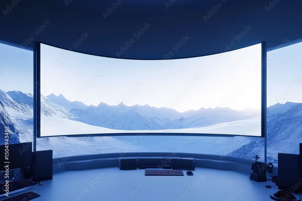 Fototapeta premium Modern interior with curved screen overlooking snowy mountain landscape