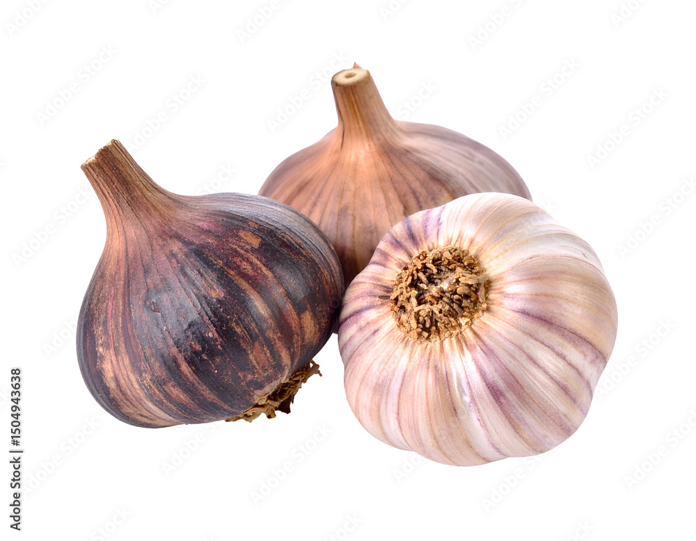 Obraz premium Group of Fresh Garlic Bulbs on Transparent Background with Brown and Purple Hues