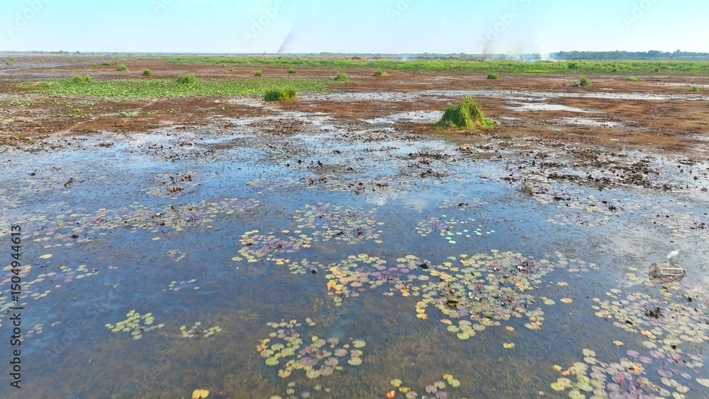 Behold an aerial panorama of a sparse wetland, its terrain adorned with scattered verdant patches amidst muddy stretches, exemplifying the harmonious coexistence of life within a diverse ecosystem.
Behold an aerial panorama of a sparse wetland, its terrain adorned with scattered verdant patches amidst muddy stretches, exemplifying the harmonious coexistence of life within a diverse ecosystem.