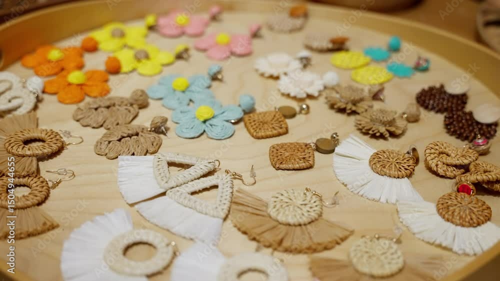 A Vibrant Collection of Handmade Earrings Displayed on a Wooden Tray Featuring Colorful Designs and Textured Materials Perfect for Fashion Enthusiasts and Accessory Lovers A Vibrant Collection of Handmade Earrings Displayed on a Wooden Tray Featuring Colorful Designs and Textured Materials Perfect for Fashion Enthusiasts and Accessory Lovers