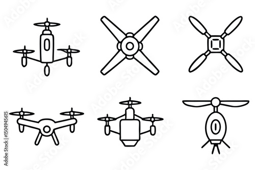 Six Unique Drone Designs Line Art Illustrations of Aerial Vehicles