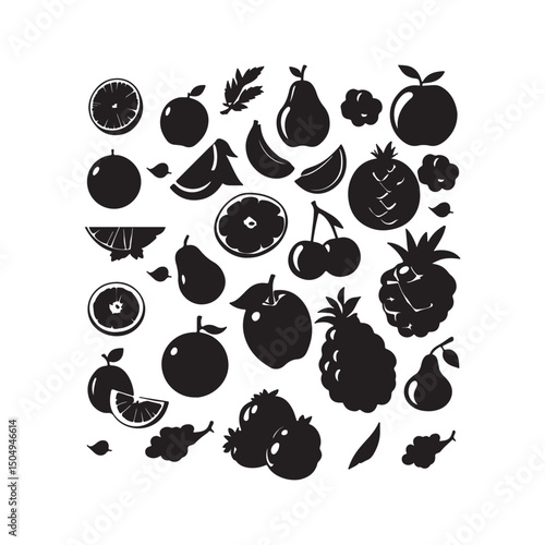 Summer fruits silhouette icons set, Black fruit icons set, various types, flat design, Fruits, vector icon, tropical fruits, minimalist, Simple Black Fruit Icons, Fresh fruit, vector illustration,