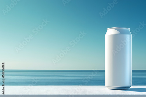 Aluminum can mockup with dew, standing over clear water horizon and blue sky, perfect for summer campaigns