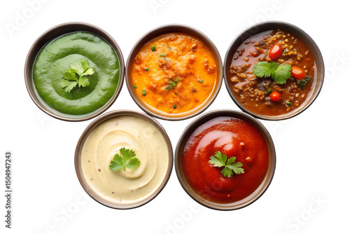 Four Bowls with Sauces Top View Isolated on Transparent Background