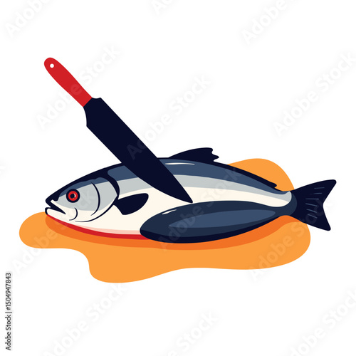 Fish being filleted with knife on orange surface, culinary creativity