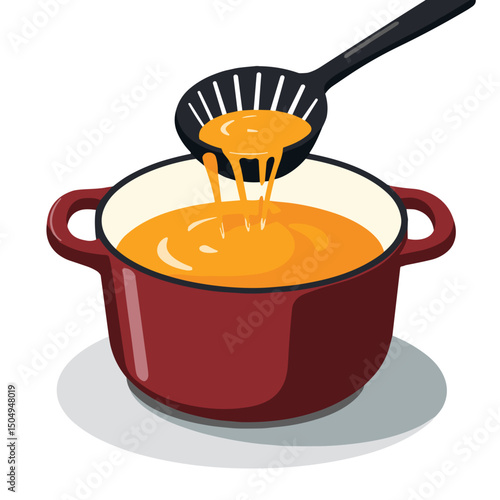 Straining broth from pot using ladle, cooking preparation