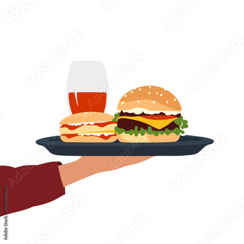 Hand serving delicious burgers and drink on a tray, food enjoyment