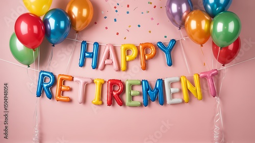 Happy retirement balloon banner with colorful balloons against a pink backdrop