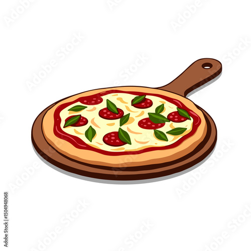 Pizza being placed on wooden peel, vibrant culinary art
