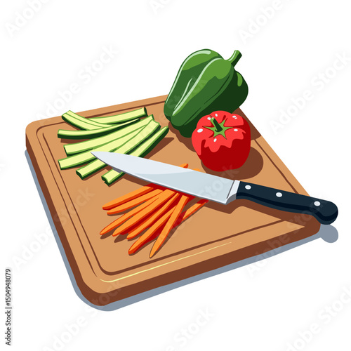 Vibrant cutting board with julienned veggies and knife, culinary creativity