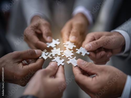 Team collaboration with puzzle pieces representing unity.