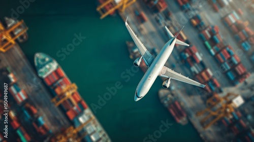 Airplane landing over shipping containers port area aerial view industrial environment logistics concept