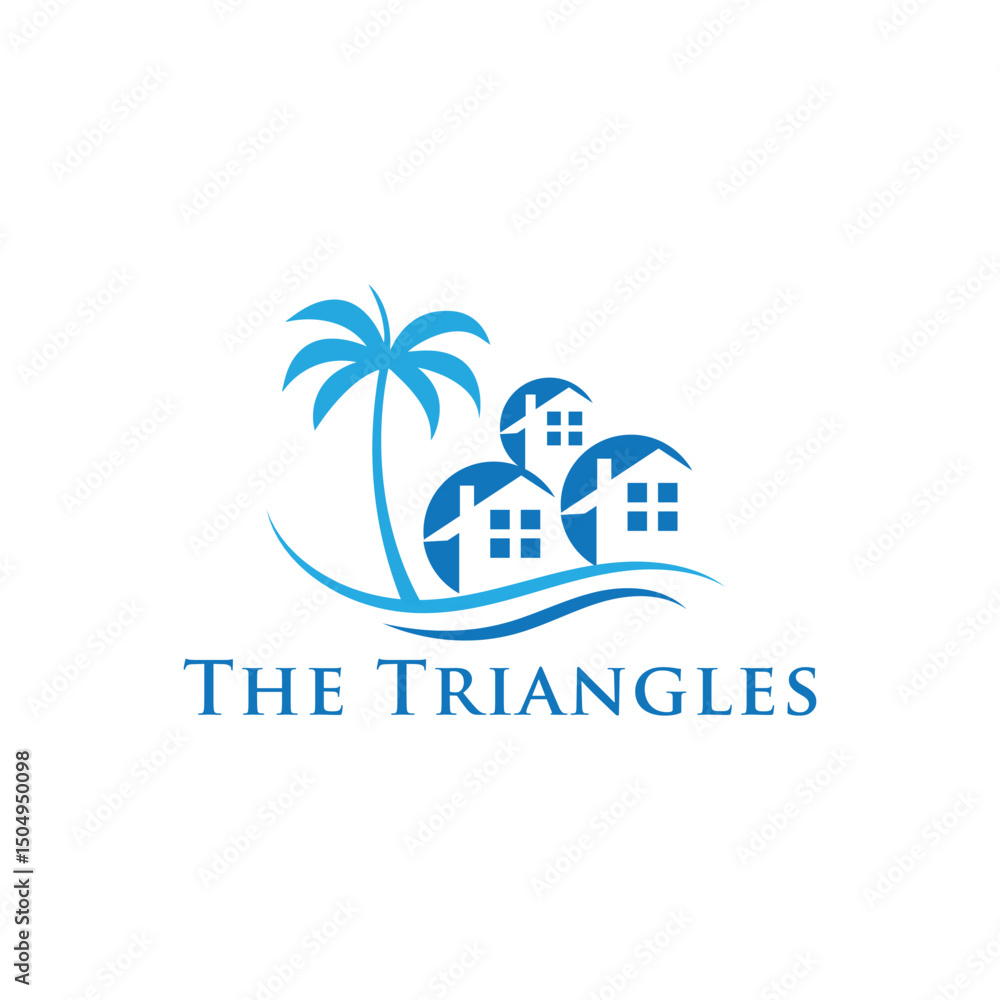 Obraz premium Tropical Palm Valley logo featuring palm trees, rolling hills, and a sun backdrop, perfect for resorts, travel agencies, and vacation brands symbolizing relaxation, nature, and tropical escape. 