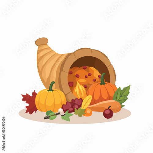 Autumn Harvest Cornucopia with Pumpkins and Fall Leaves