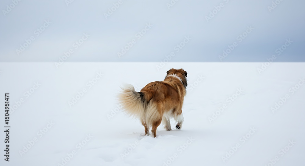 A furry brown and white Rough Collie is shown from the rear, moving through a stark, snow-covered field under a gray, winter sky. A furry brown and white Rough Collie is shown from the rear, moving through a stark, snow-covered field under a gray, winter sky.