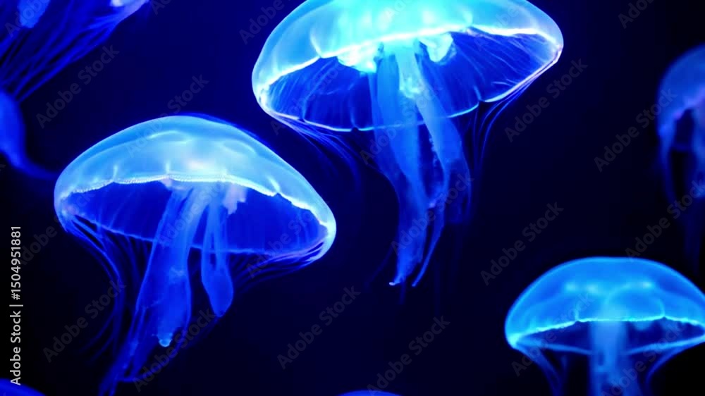 クラゲがカラフルに発光しながら泳ぐ幻想的な様子 クラゲがカラフルに発光しながら泳ぐ幻想的な様子