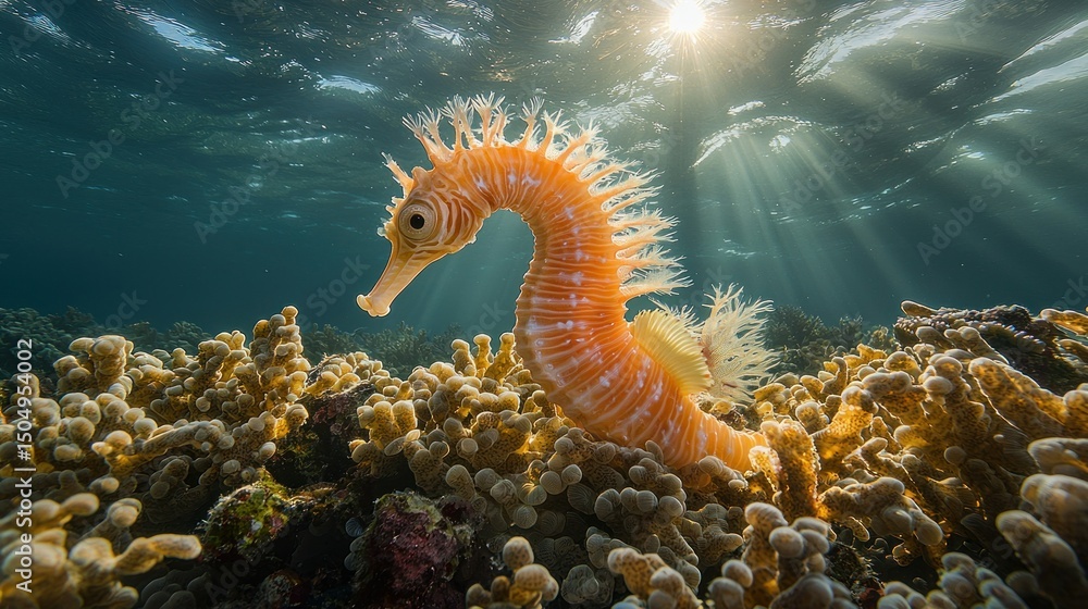 Orange seahorse on coral reef, sunbeams Orange seahorse on coral reef, sunbeams