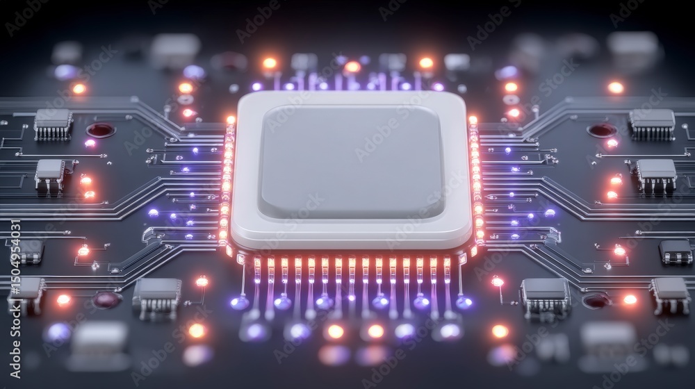 Fototapeta premium Futuristic CPU Microchip Circuit Board Technology Background Neon Lights