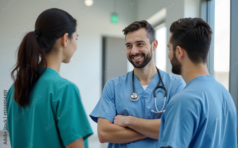 Smiling medical sales representative greeting healthcare workers at clinic. High quality Smiling medical sales representative greeting healthcare workers at clinic. High quality