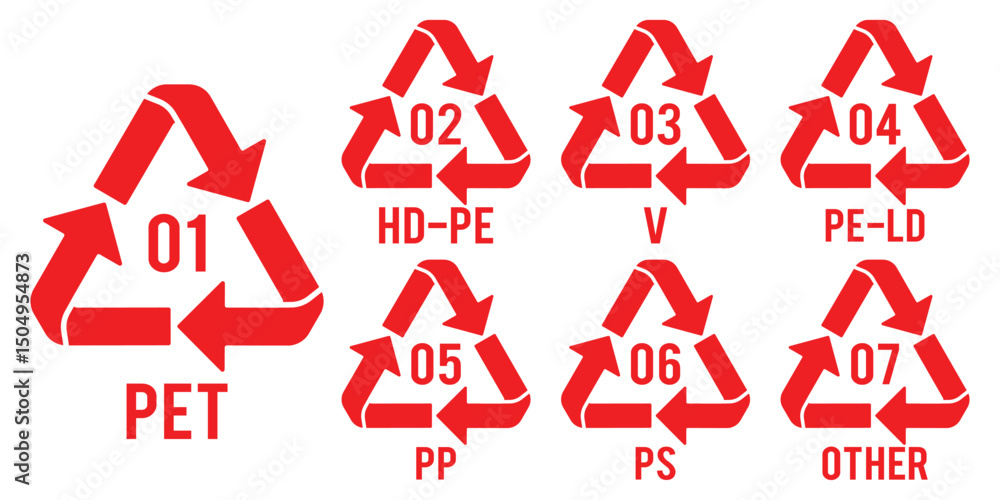 Fototapeta premium Numbers set of recycling symbol. The number in the triangle indicates the type of plastic. 1to7 number. Numbers set in recycling symbols. Paper recycling code icon set. PET, HDPE, PVC, LDPE, PP, PS