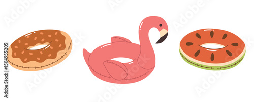 Set of inflatable swimming rings. Summer rubber rings for the pool. Flamingo, donut, watermelon. Flat vector illustration.