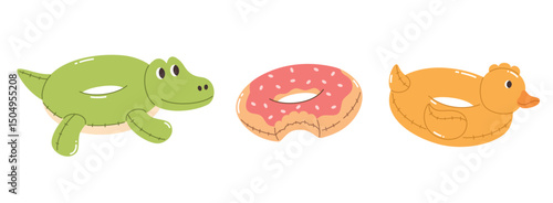 Set of inflatable swimming rings. Summer rubber rings for the pool. Crocodile, duck, donut. Flat vector illustration.
