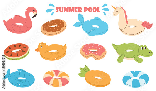Set of inflatable swimming rings. Summer rubber rings for the pool. Crocodile, flamingo, donuts, duck, unicorn, pineapple. Flat vector illustration.