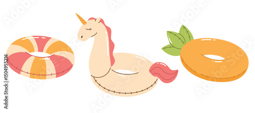 Set of inflatable swimming rings. Summer rubber rings for the pool. Unicorn, pineapple. Flat vector illustration.