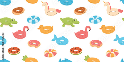 Seamless pattern with inflatable swimming rings. Summer rubber rings for the pool. Crocodile, flamingo, donuts, duck, unicorn, pineapple. Flat vector illustration.