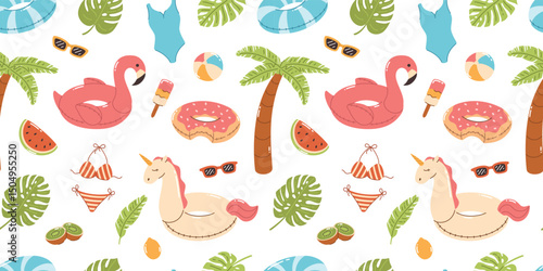 Seamless pattern with beach elements. Palm tree, bathing suits, swimming rings, sunglasses, palm leaves, ice cream. Flat vector illustration.